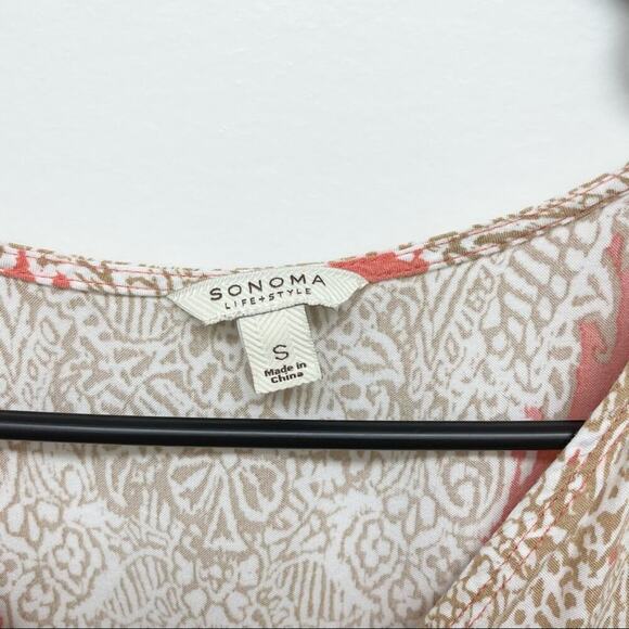 Sonoma Paisley Print Dress V-Neck Short Sleeve Casual Beige Orange‎ S - Picture 2 of 4